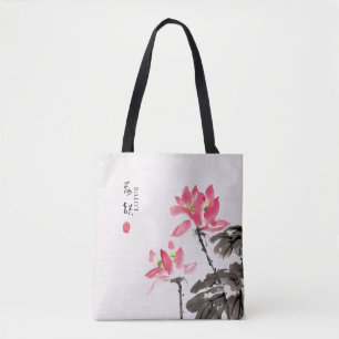 Tote Bag Chine Peinture à la main Aquarelle Floral Lotus Fo