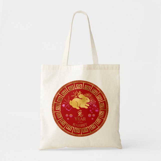 Tote Bag Chinois Zodiac Rabbit Rouge/Or ID542 (Devant)