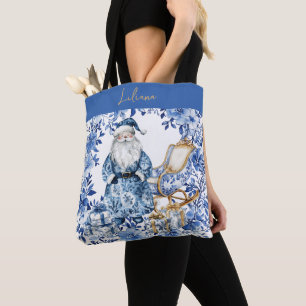 Tote Bag Chinoiserie Bleu Blanc Floral Noël Père Noël
