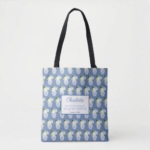 Tote Bag Chinoiserie Bleu Blanc Mariage Monogramme Merci