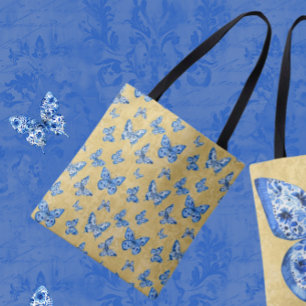 Tote Bag Chinoiserie Bleu Blancs Papillons Sur Or