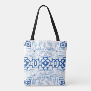Tote Bag Chinoiserie florale géométrique bleue et blanche