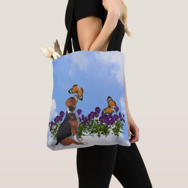Tote Bag Chiot beagle Avec Papillons Et Fleurs (De près)