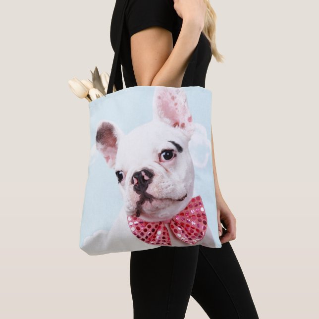 Tote Bag Chiot de bouledogue français avec l'arc rose (De près)