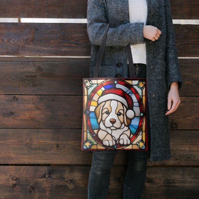 Tote Bag Chiot de Noël Faux Vitrail (Créateur téléchargé)