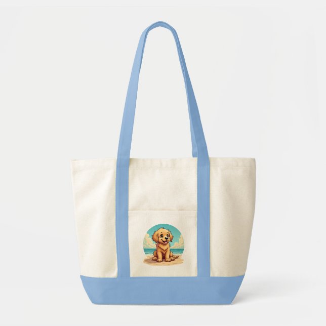 Tote Bag Chiot doré mignon sur une scène de plage ensoleill (Devant)