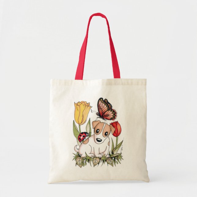 Tote Bag Chiot mignon avec papillon, coccinelle et tulipes (Devant)