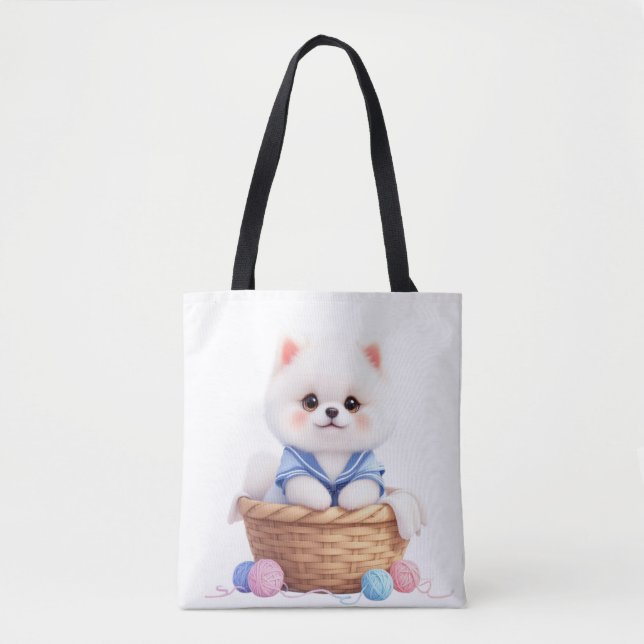 Tote Bag Chiot Mignon dans un Panier Cabas (Devant)