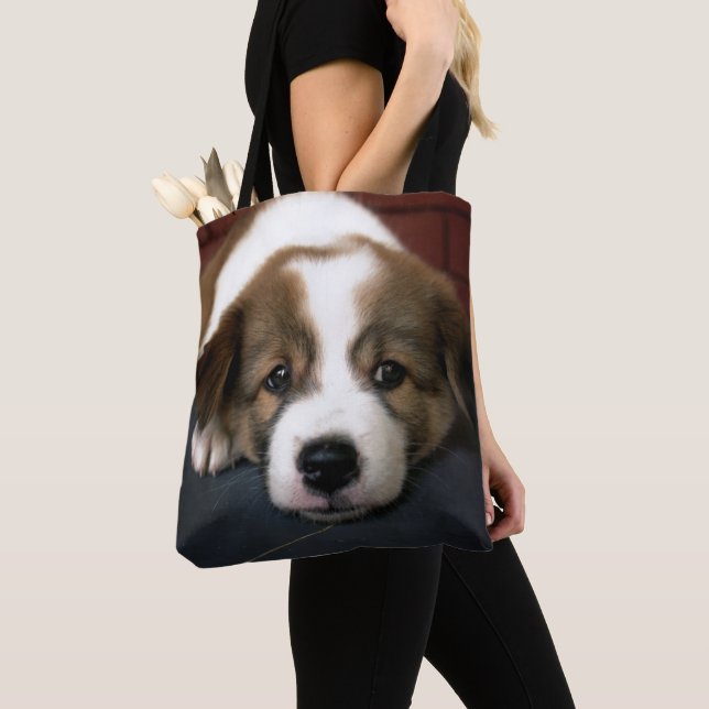Tote Bag Chiot mignon de brun et de blanc (De près)
