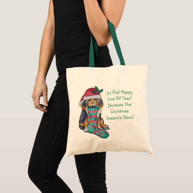 Tote Bag chiot noir et brun avec le bas pour Noël (Devant (produit))