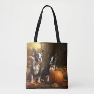 Tote Bag Chiots Boston Terrier Délice d'Automne Citrouille