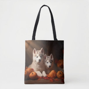Tote Bag Chiots Husky Sibérien Délice d'Automne Citrouille