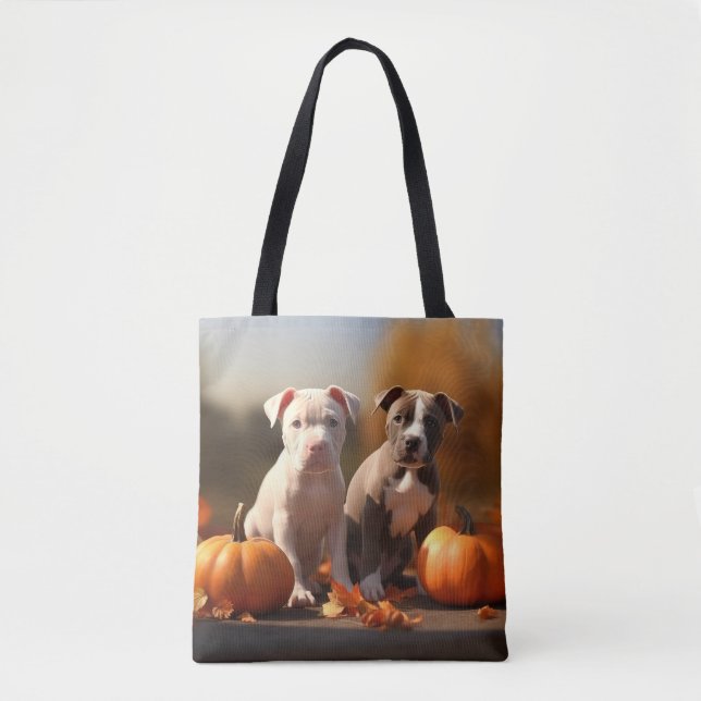 Tote Bag Chiots Pitbull Délice d'Automne Citrouille  (Devant)