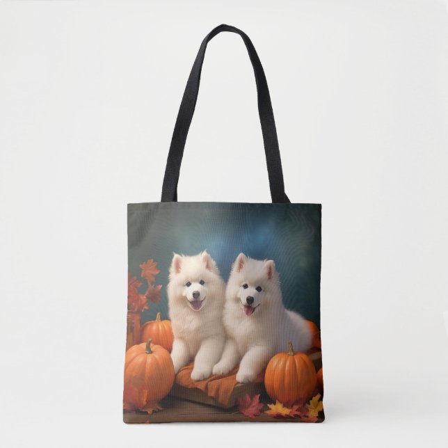 Tote Bag Chiots Samoyède Délice d'automne Citrouille  (Devant)