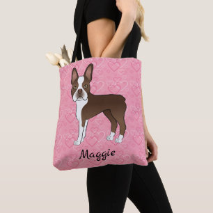 Tote Bag Chocolat Brown Boston Terrier Chien Sur Coeur Rose