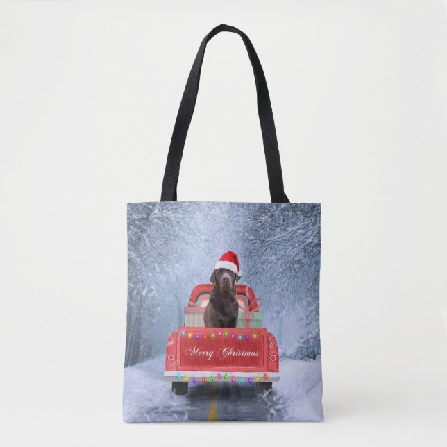 Tote Bag Chocolat Labrador Chien à Noël de neige (Devant)