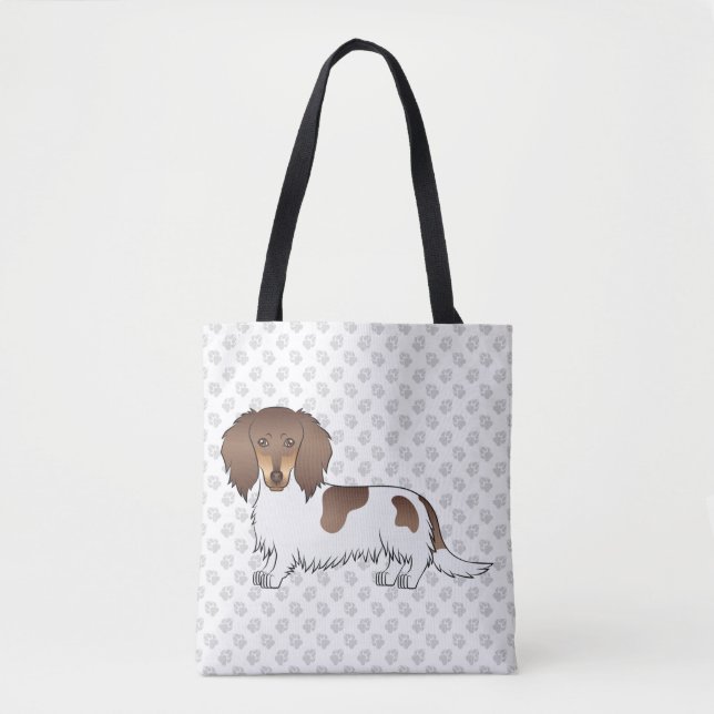 Tote Bag Chocolat & Tan Piebald Longue Poil Teckel & Pattes (Devant)