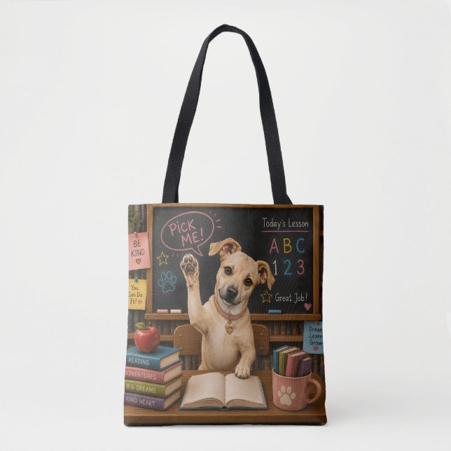 Tote Bag Choisis-moi ! Chien d'école mignon levant la patte (Devant)