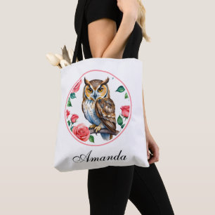 Tote Bag Chouette aquarelle décorative avec Rose