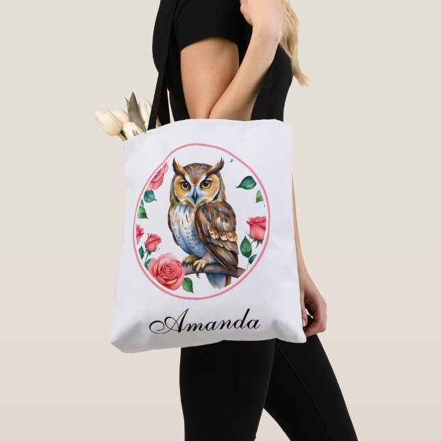 Tote Bag Chouette aquarelle décorative avec Rose (De près)