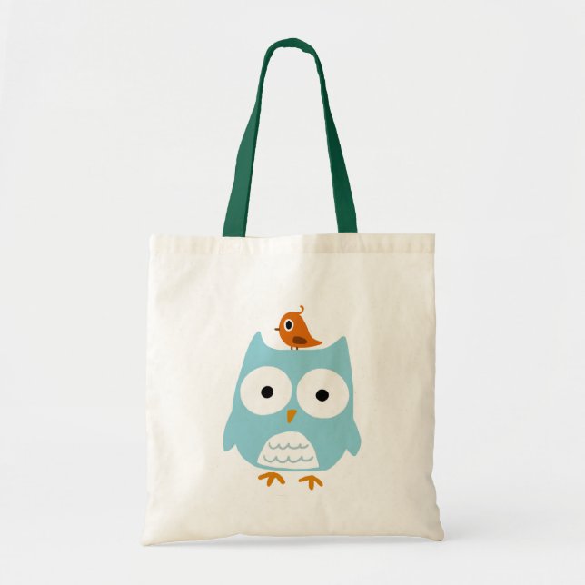 Tote Bag Chouette bleue avec petit oiseau orange | Quirky C (Devant)