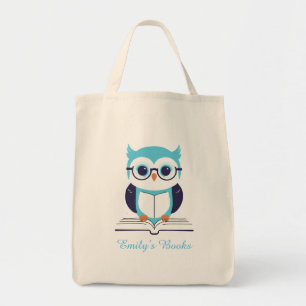Tote Bag Chouette bleue mignonne avec livre bibliothèque pe