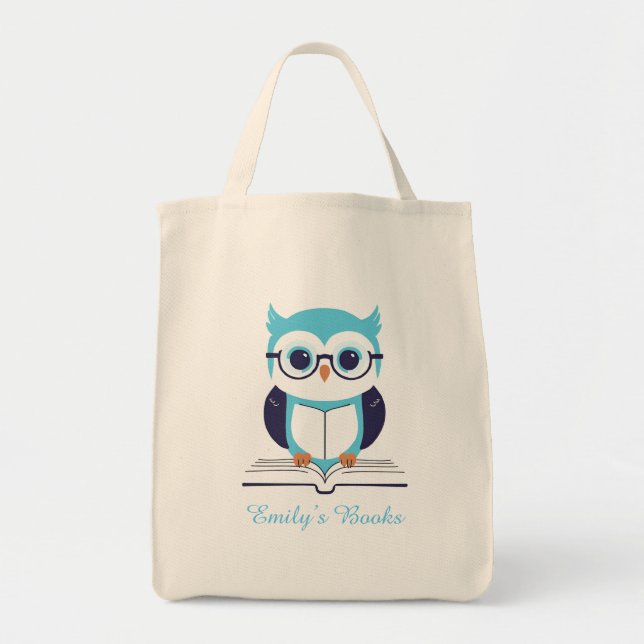 Tote Bag Chouette bleue mignonne avec livre bibliothèque pe (Devant)