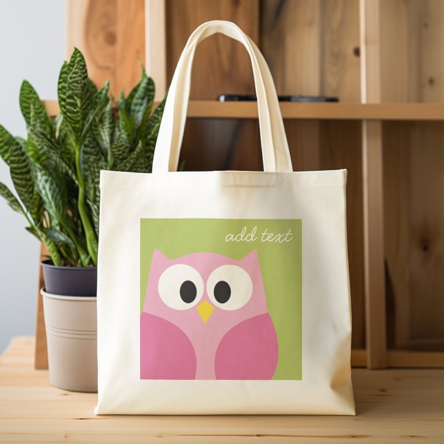 Tote Bag Chouette caricaturale mignonne - rose et vert citr (Personalized tote bag - cute owl and monogram)