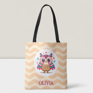 Tote Bag Chouette colorée mignonne avec fond ondulé