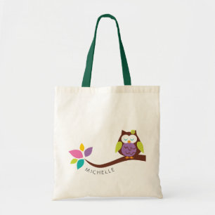Tote Bag Chouette couleur mignonne sur une branche PERSONNA