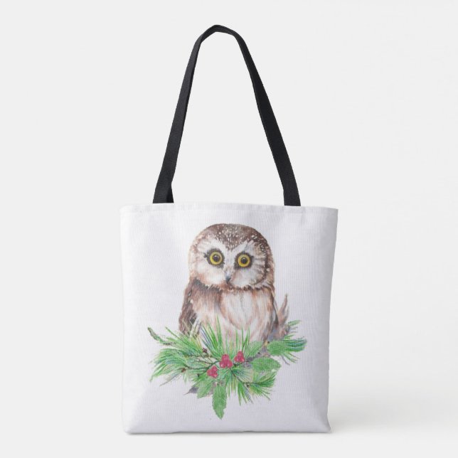 Tote Bag Chouette d'aquarelle Oiseau Noël Art de la nature (Dos)