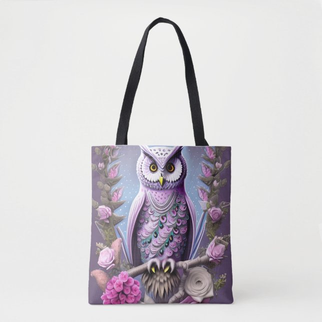 Tote Bag Chouette d'Imaginaire détaillée sur un lit d'épine (Devant)