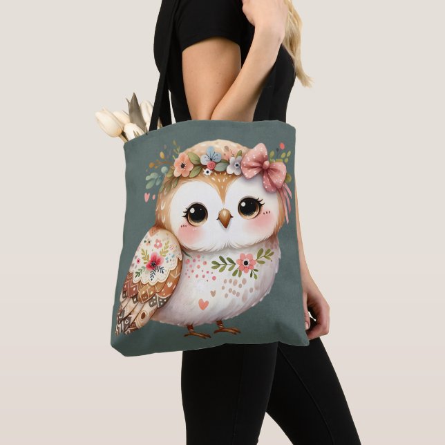 Tote Bag Chouette florale mignonne avec noeud (De près)