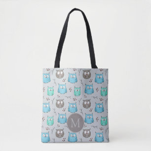 Tote Bag Chouette gris bleu mou Motif Monogramme