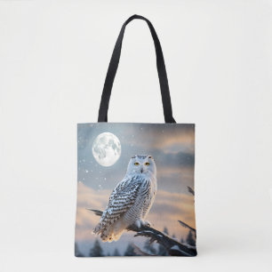 Tote Bag Chouette neigeuse en hiver au clair de lune avec c