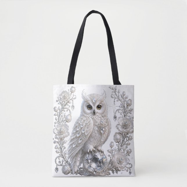 Tote Bag Chouette Perle de Cristal Blanc (Devant)