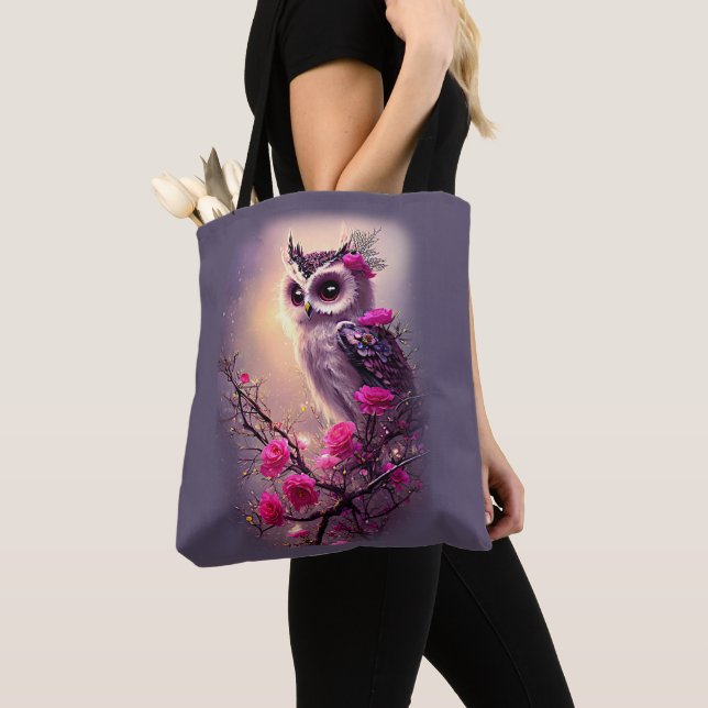 Tote Bag Chouette pourpre et fleurs roses (De près)