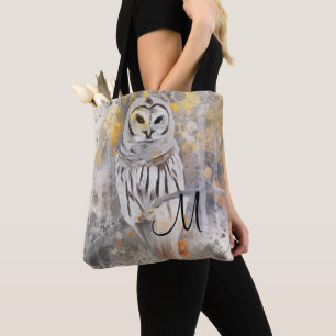 Tote Bag Chouette rustique aquarelle abstraite avec monogra