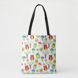 Tote Bag Chouettes, champignons et arbres rétro colorés