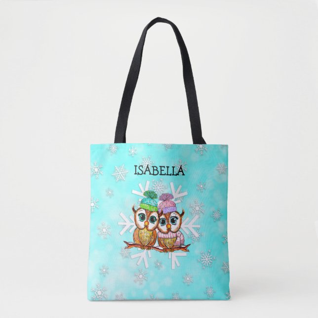 Tote Bag Chouettes d'aquarelle mignonnes blanches personnal (Devant)