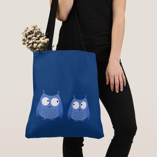Tote Bag Chouettes Oiseaux Amusant mignon Bleu Cartoon Anim (De près)