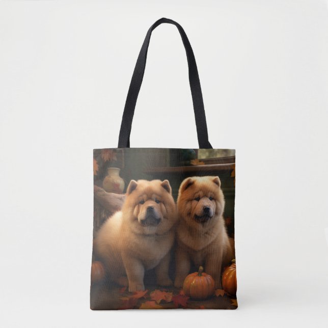 Tote Bag Chow Chow Chiot Automne Citrouille de plaisir (Devant)