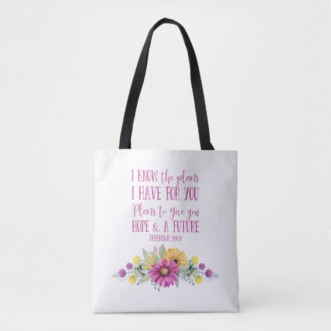 Tote Bag Chrétien Bible Verse Aquarelle Florale (Devant)