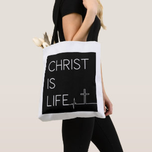 Tote Bag Christ est la vie Heartbeat Line et Cross