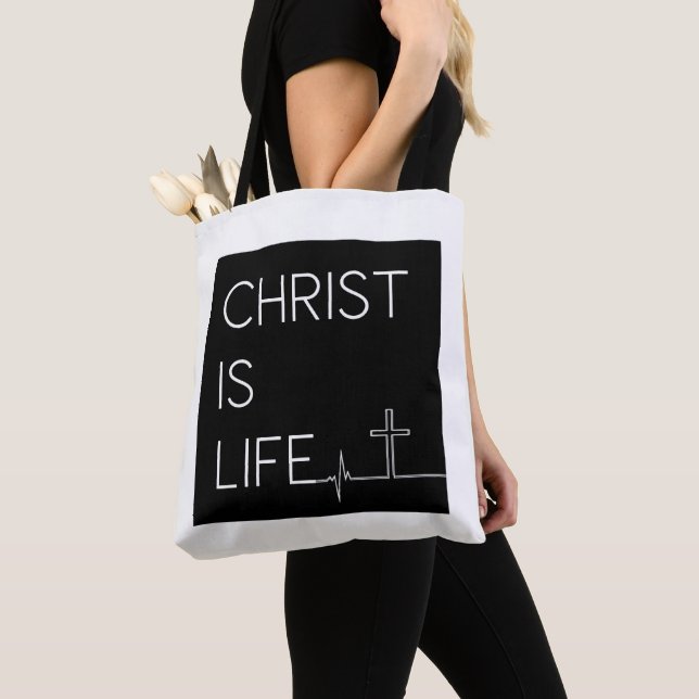 Tote Bag Christ est la vie Heartbeat Line et Cross (De près)