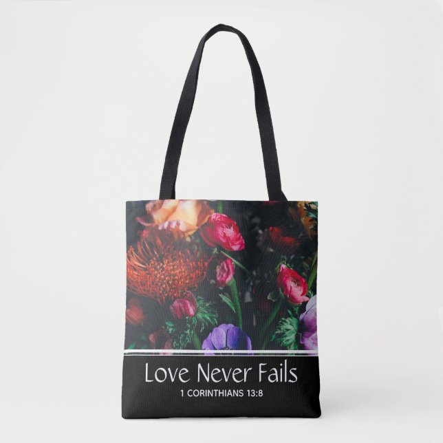 Tote Bag Christian Floral Valentine LOVE JAMAIS ÉCHOUER (Devant)