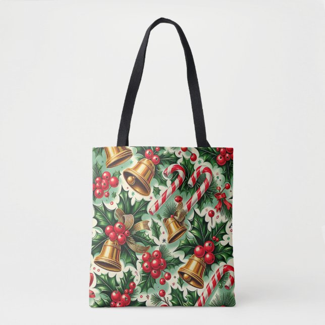 Tote Bag Christmas Bells holly candy canes art pattern (Devant)