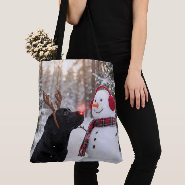 Tote Bag Christmas Black Labrador Retriever with Snowman (De près)
