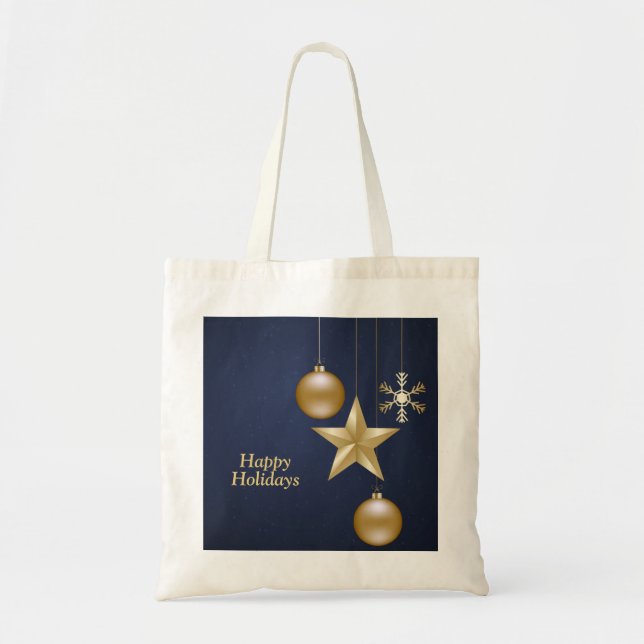 Tote Bag Christmas Golden Ornaments Stars Navy Blue Elegant (Devant)