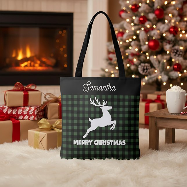 Tote Bag Christmas Green & Black Plaid Reindeer Custom Name (Créateur téléchargé)